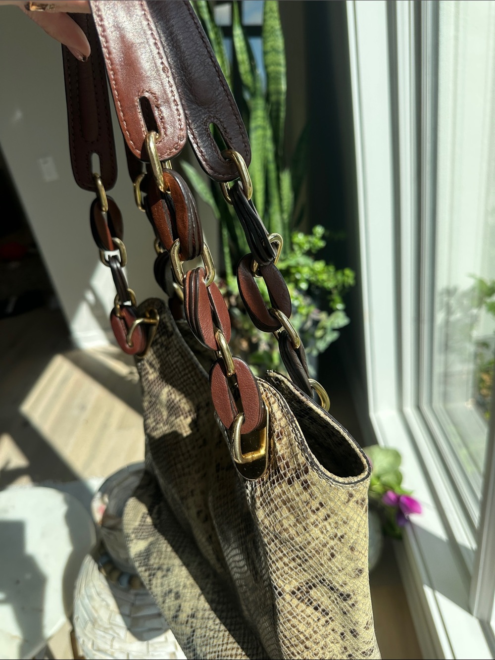 Michael Kors Taupe and Brown Snake-Print Shoulder Hobo - Picture 3 of 9